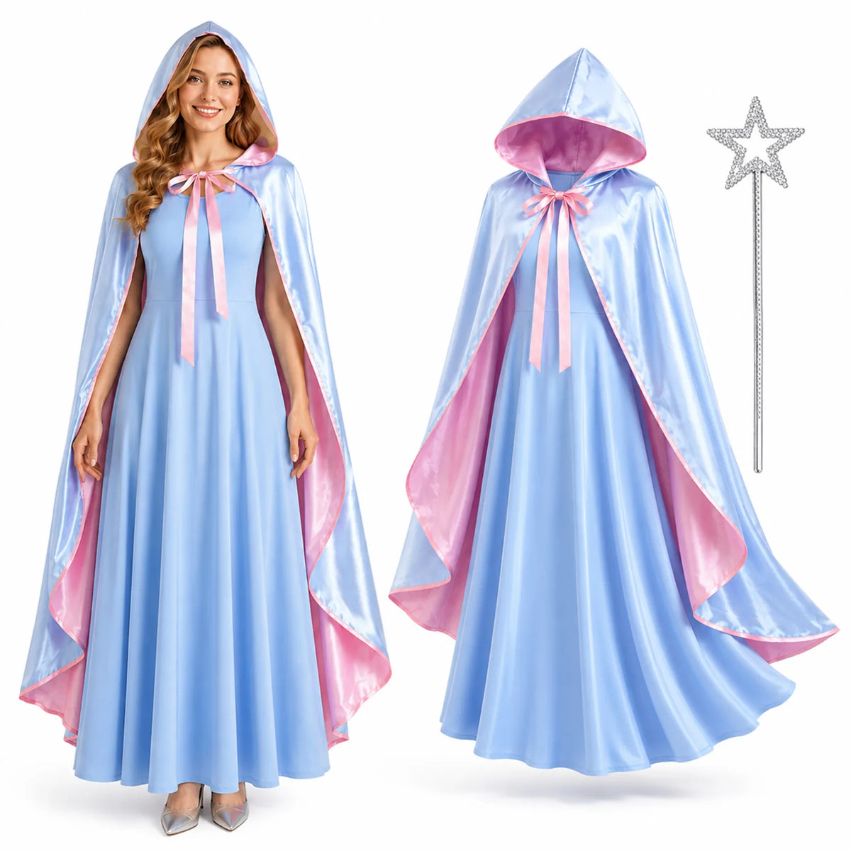 Women’s blue fairy godmother costume with full dress, cape and silver-tone wand