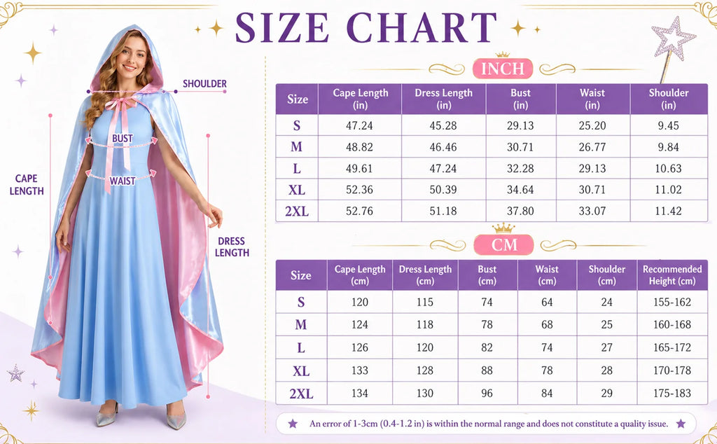 Fairy godmother costume size chart for women’s S through 2XL