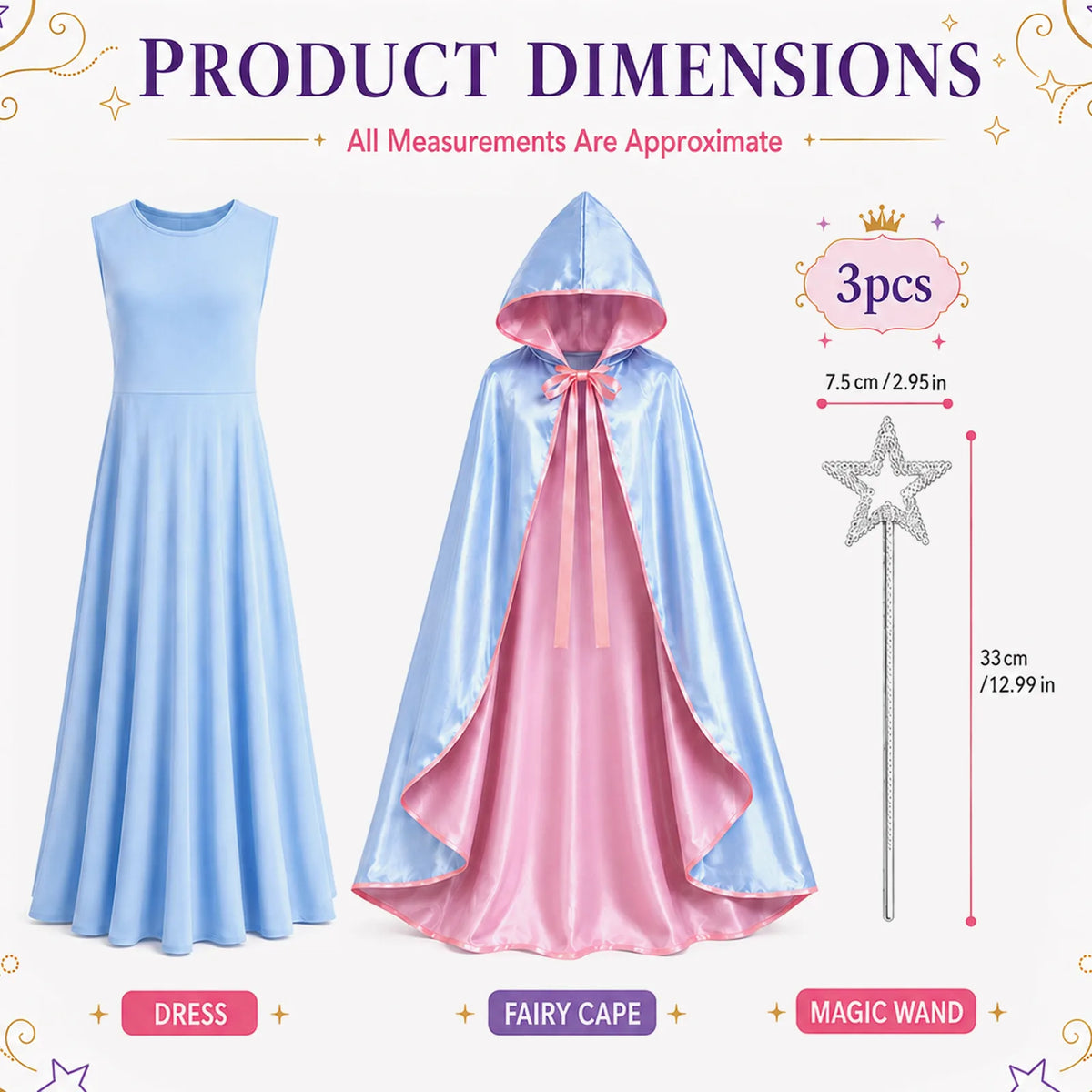 Blue fairy godmother dress, pink-trimmed cape and wand costume details