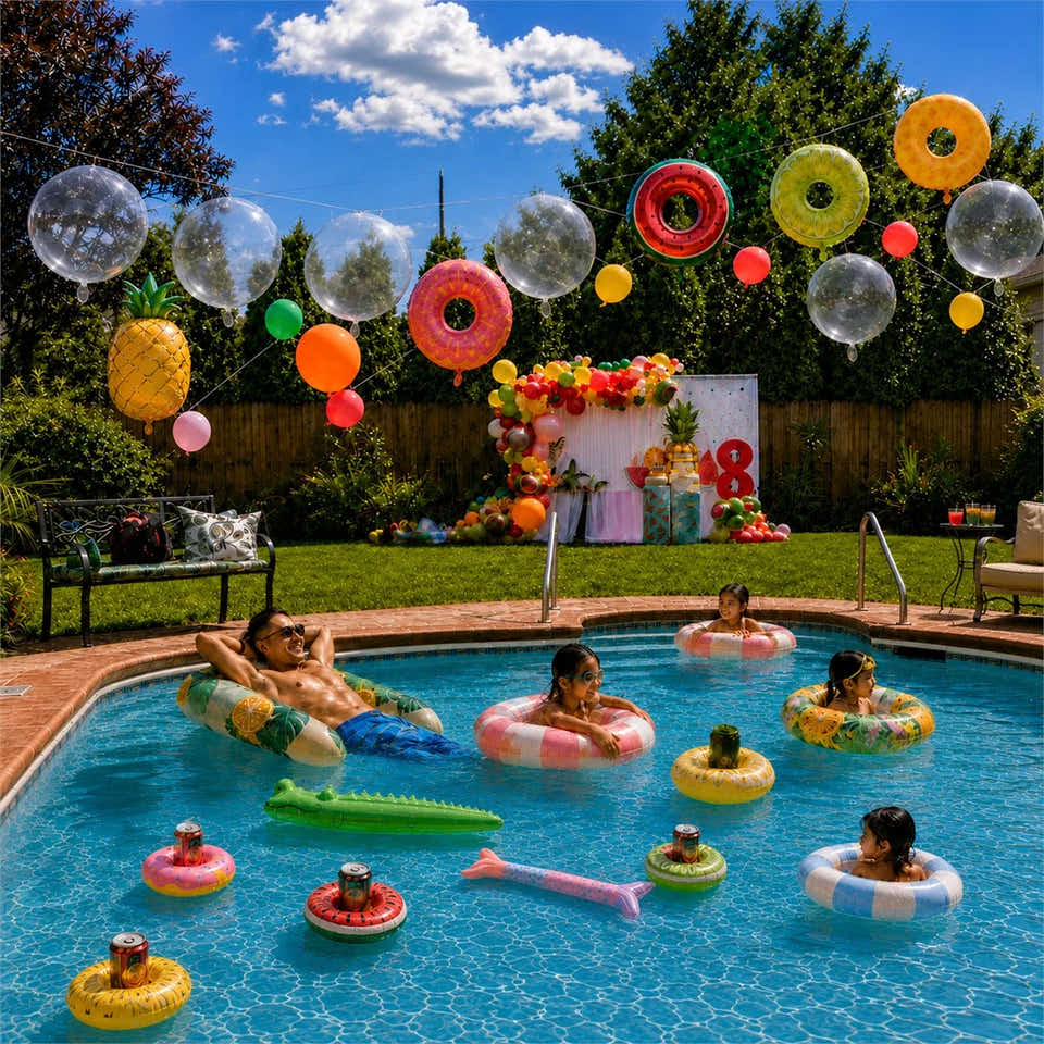 Family pool party scene with tropical ring balloons, clear balloons, and inflatable drink holders