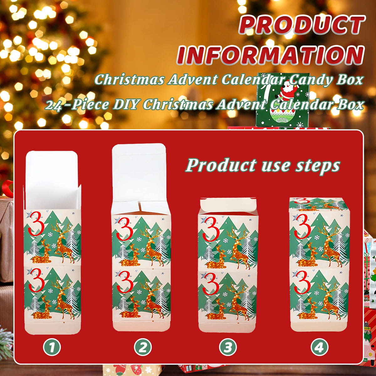 Illustrated steps for folding and closing a numbered Christmas advent calendar box.