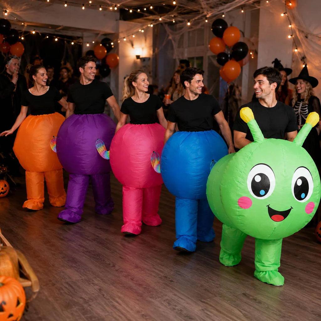 Five adults wearing the inflatable caterpillar costume at a Halloween party