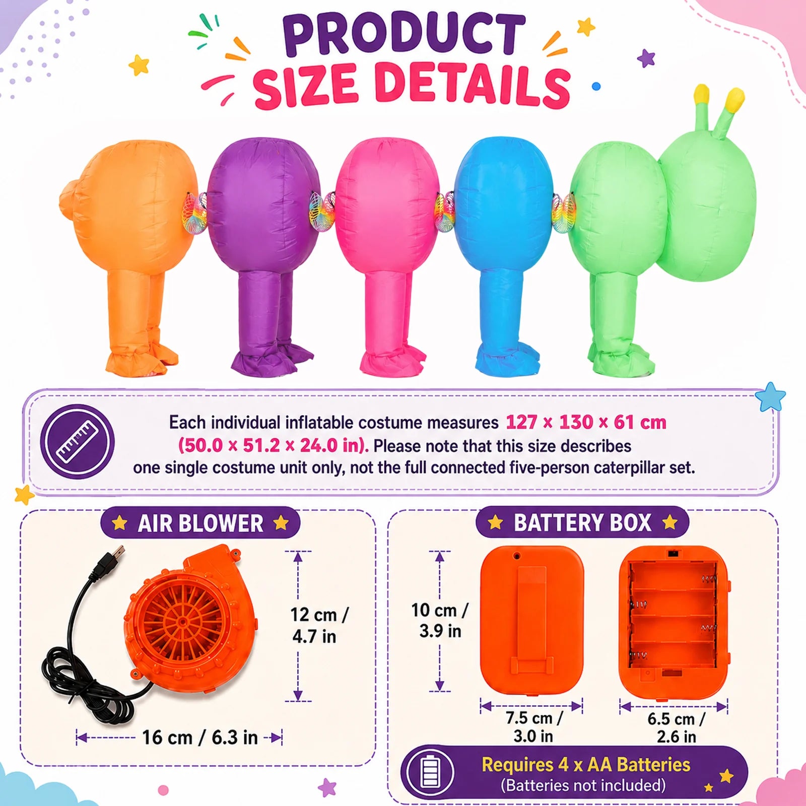 Five-person caterpillar costume size diagram with air blower and battery box