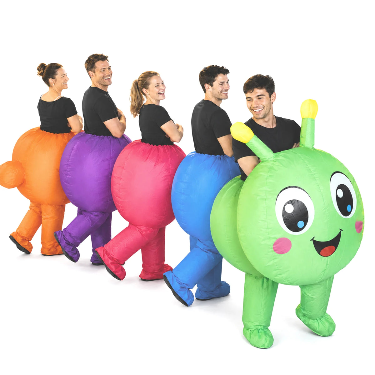Five adults wearing a colorful connected inflatable caterpillar costume set