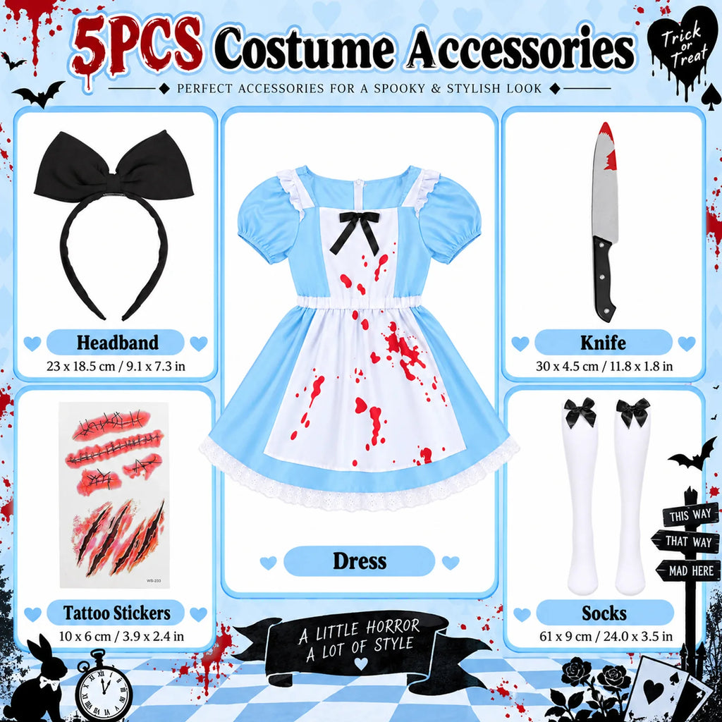 Five-piece Alice in Wonderland-inspired costume contents chart showing the dress, headband, socks, prop knife and tattoo stickers.