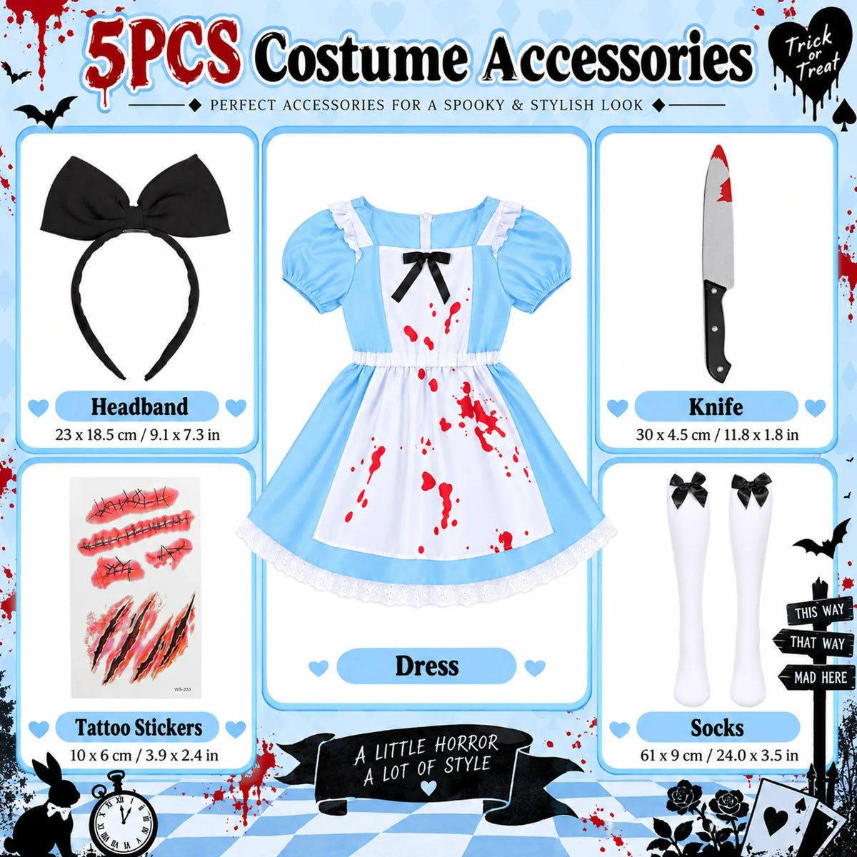 Five-piece Alice in Wonderland-inspired costume contents chart showing the dress, headband, socks, prop knife and tattoo stickers.