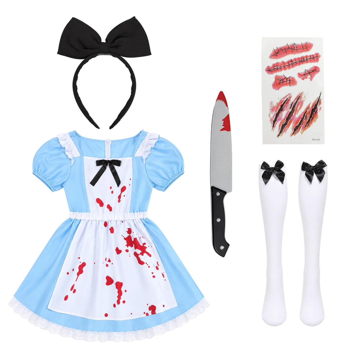 Alice in Wonderland-inspired five-piece costume flat lay with dress, bow headband, socks, prop knife and tattoo stickers.