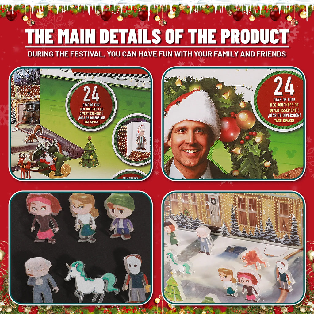 Close view of assorted flat advent calendar figures on the Christmas Vacation inspired house display.