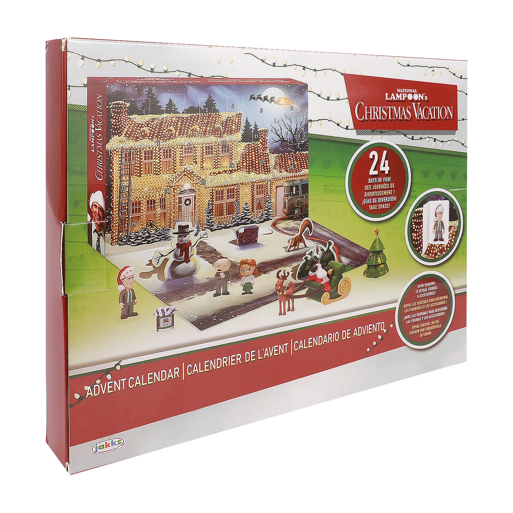 Back of Christmas Vacation inspired calendar packaging showing 24 numbered doors and a fold-out scene.