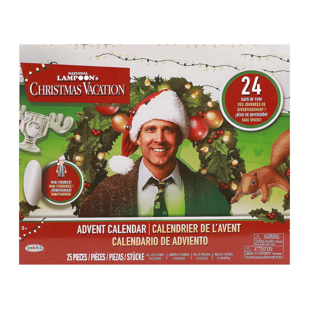 Front of Christmas Vacation inspired calendar packaging with age 3 marking and small-parts warning.