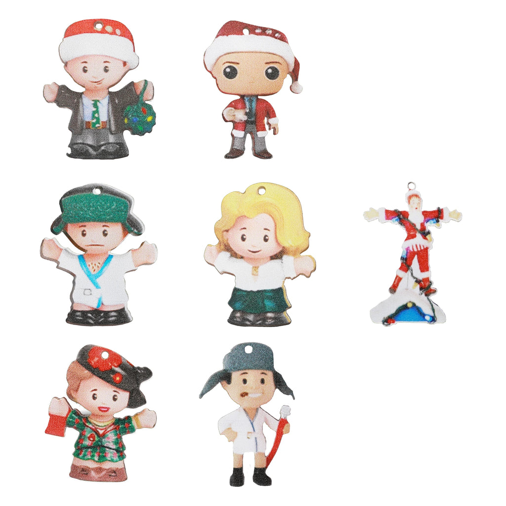 Seven flat Christmas Vacation inspired character silhouettes with small hanging holes above their heads.
