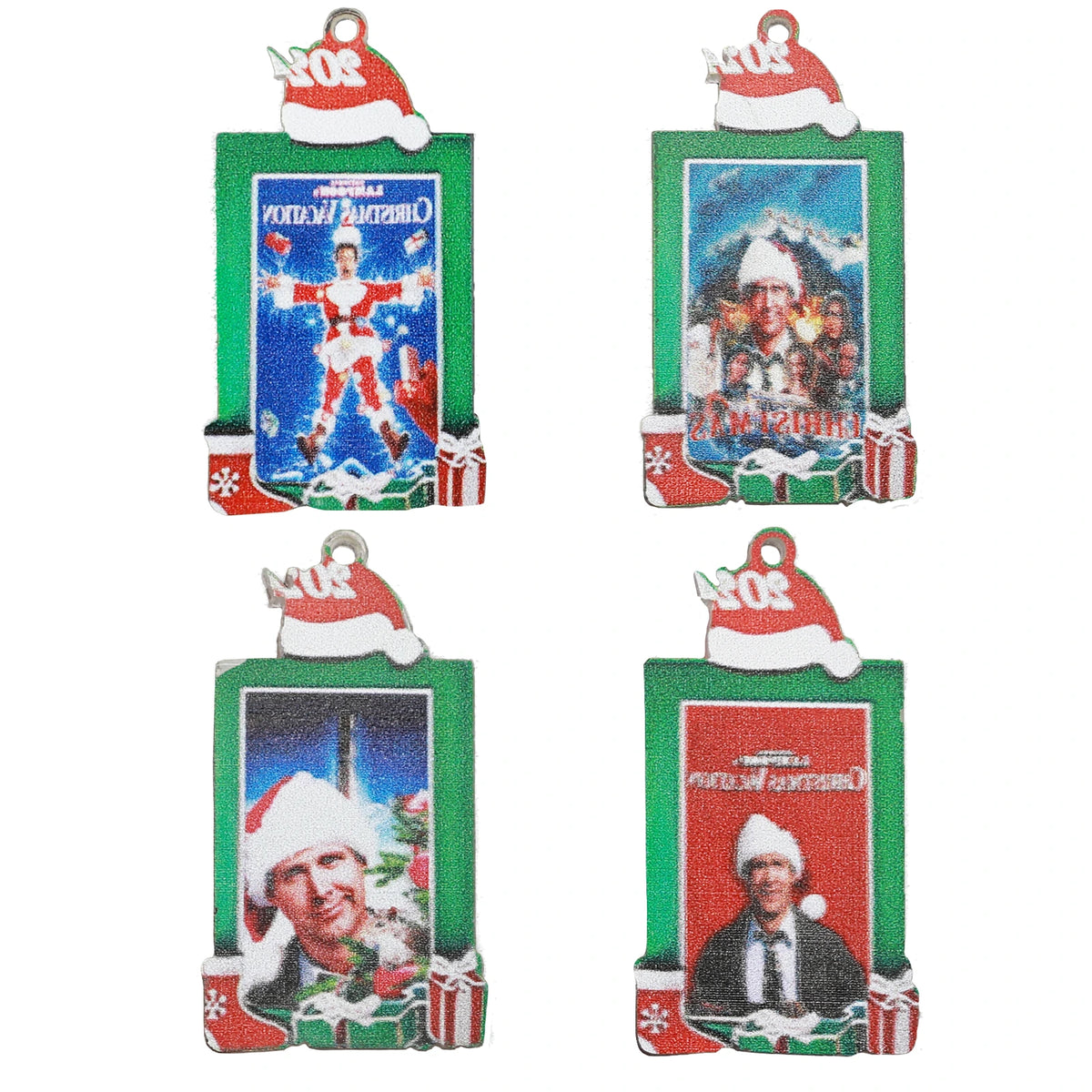 Four Christmas Vacation printed poster ornaments with green frames and Santa hat details.