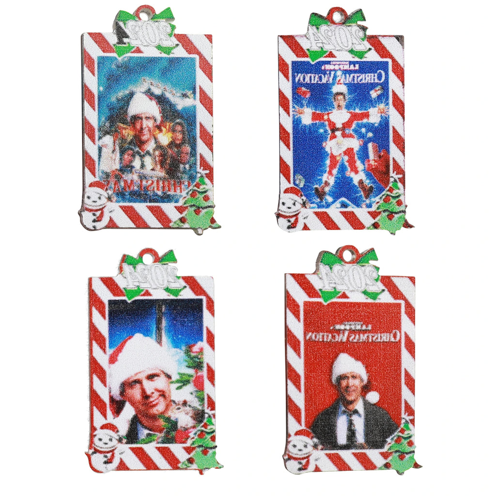 Four Christmas Vacation printed poster ornaments with red striped frames and hanging loops.