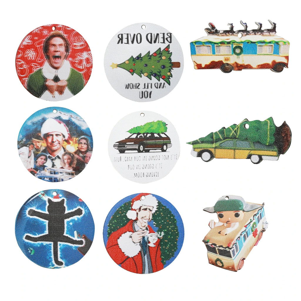Close-up of Christmas Vacation vehicle ornaments, round movie prints and an Elf portrait charm.