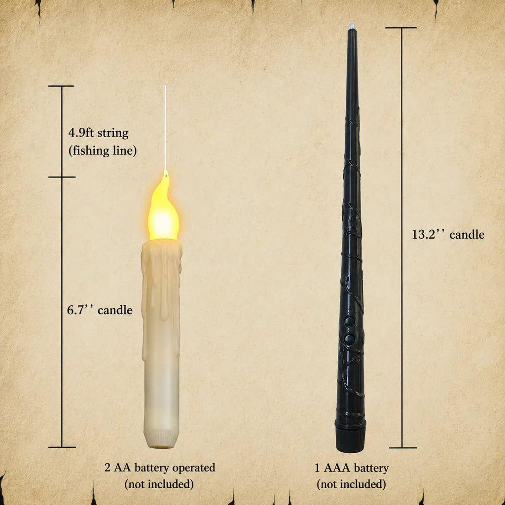 Floating LED candle and magic wand set shown with string length, candle size, wand size, and battery requirements for themed party decorations.
