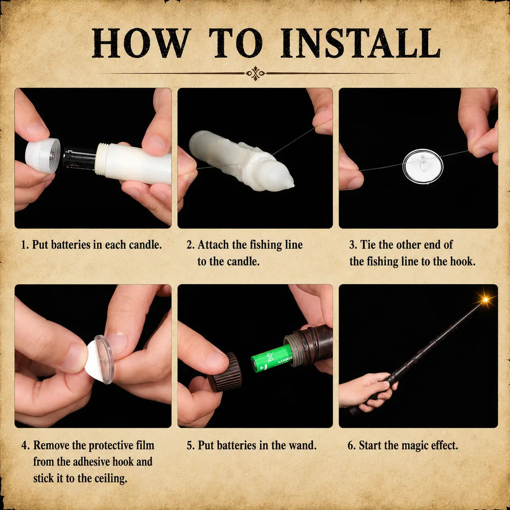 Step-by-step installation guide for floating LED candles, fishing line, adhesive hooks, and magic wand for themed room decorations.