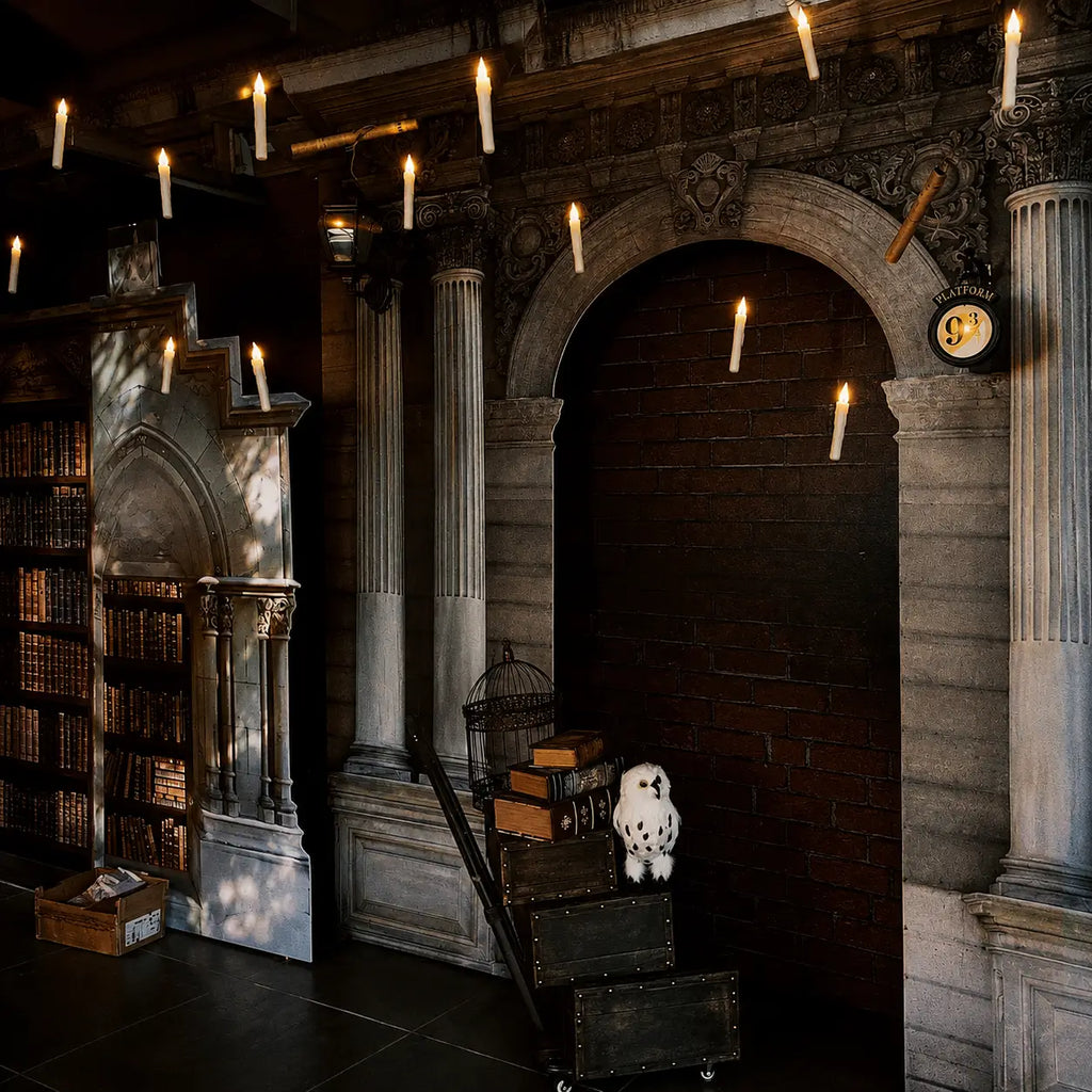 Floating LED candles in a dark magic library scene with stone arches, bookshelves, owl, wand, and platform sign decorations.