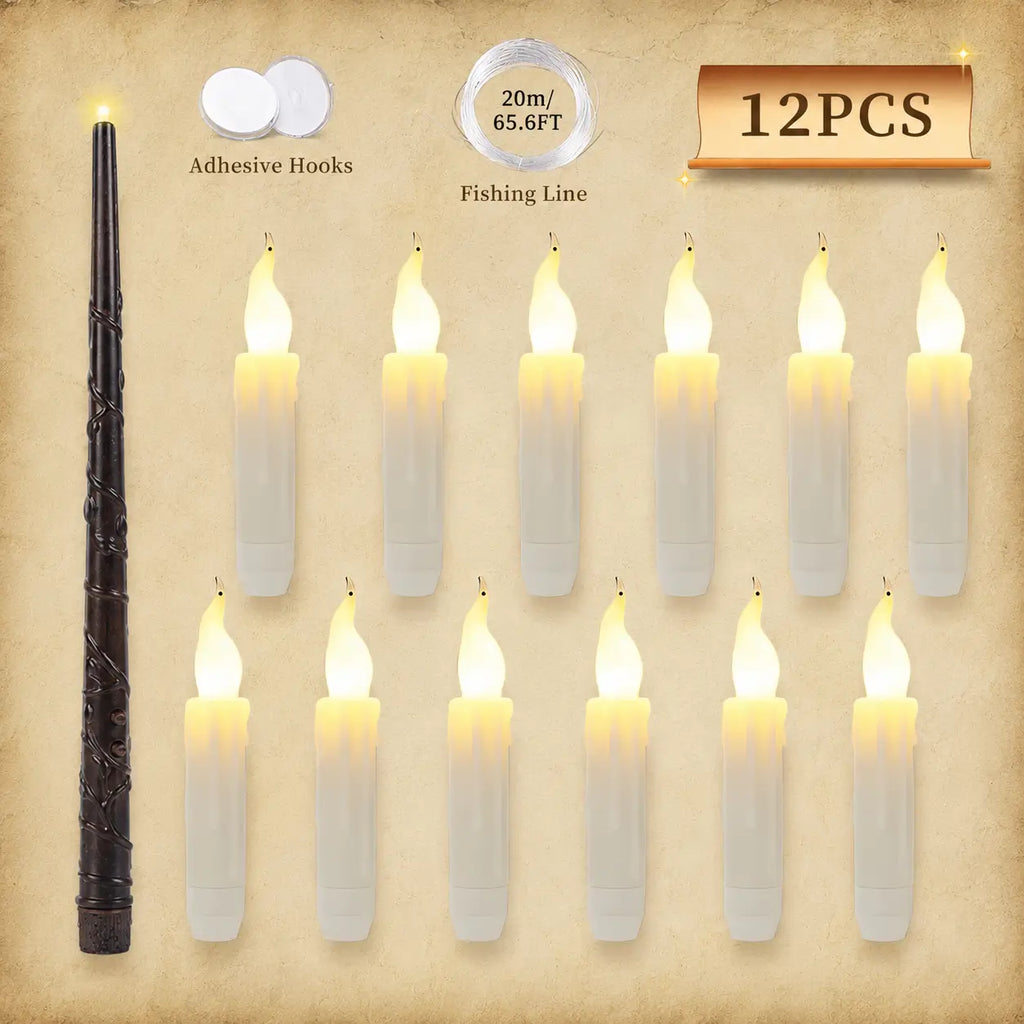 Floating LED candle set with magic wand, adhesive hooks, fishing line, and twelve glowing candles for magical party and room decorations.