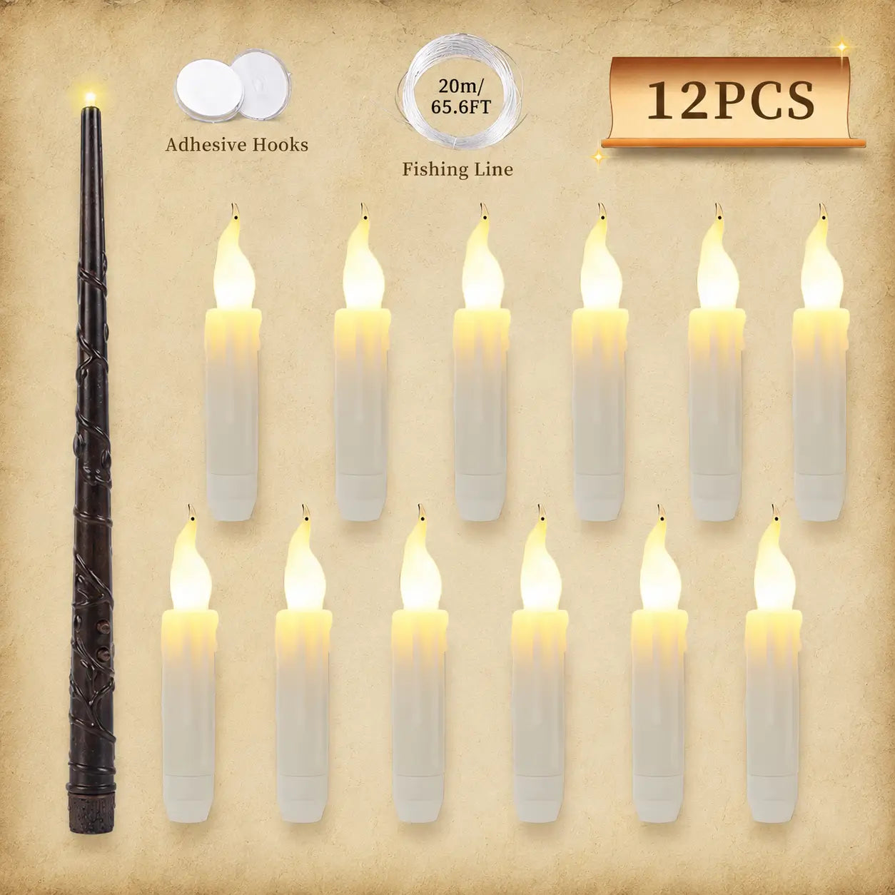 Floating LED candle set with magic wand, adhesive hooks, fishing line, and twelve glowing candles for magical party and room decorations.