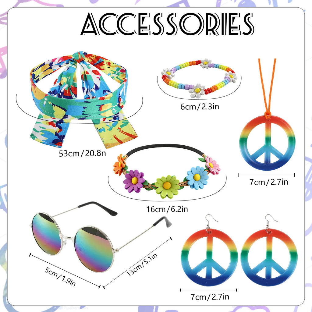 The accessory size guide labels the printed headband, flower headband, daisy bracelet, round glasses and peace-sign jewelry measurements.