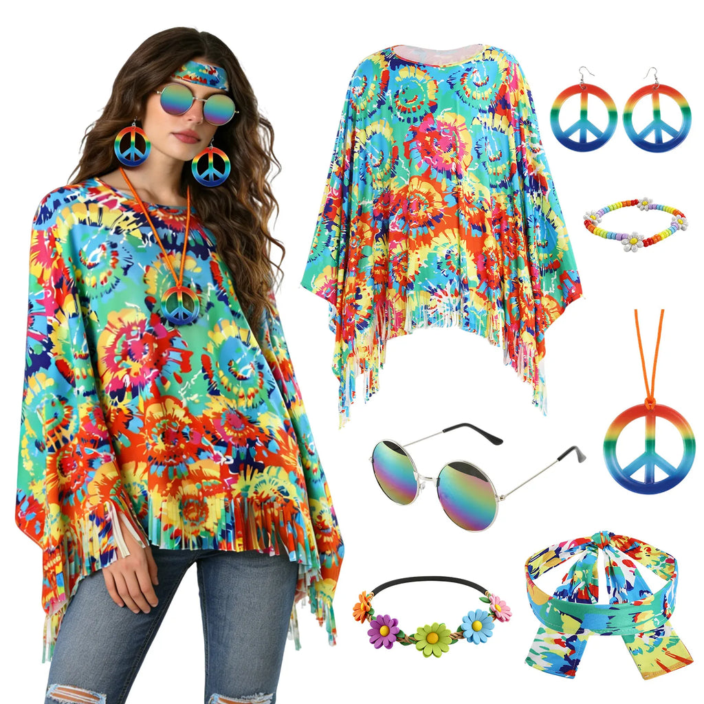 A model wears the multicolor fringed hippie poncho beside the flower headband, daisy bracelet, glasses, printed headband and peace-sign jewelry.