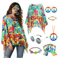 A model wears the multicolor fringed hippie poncho beside the flower headband, daisy bracelet, glasses, printed headband and peace-sign jewelry.