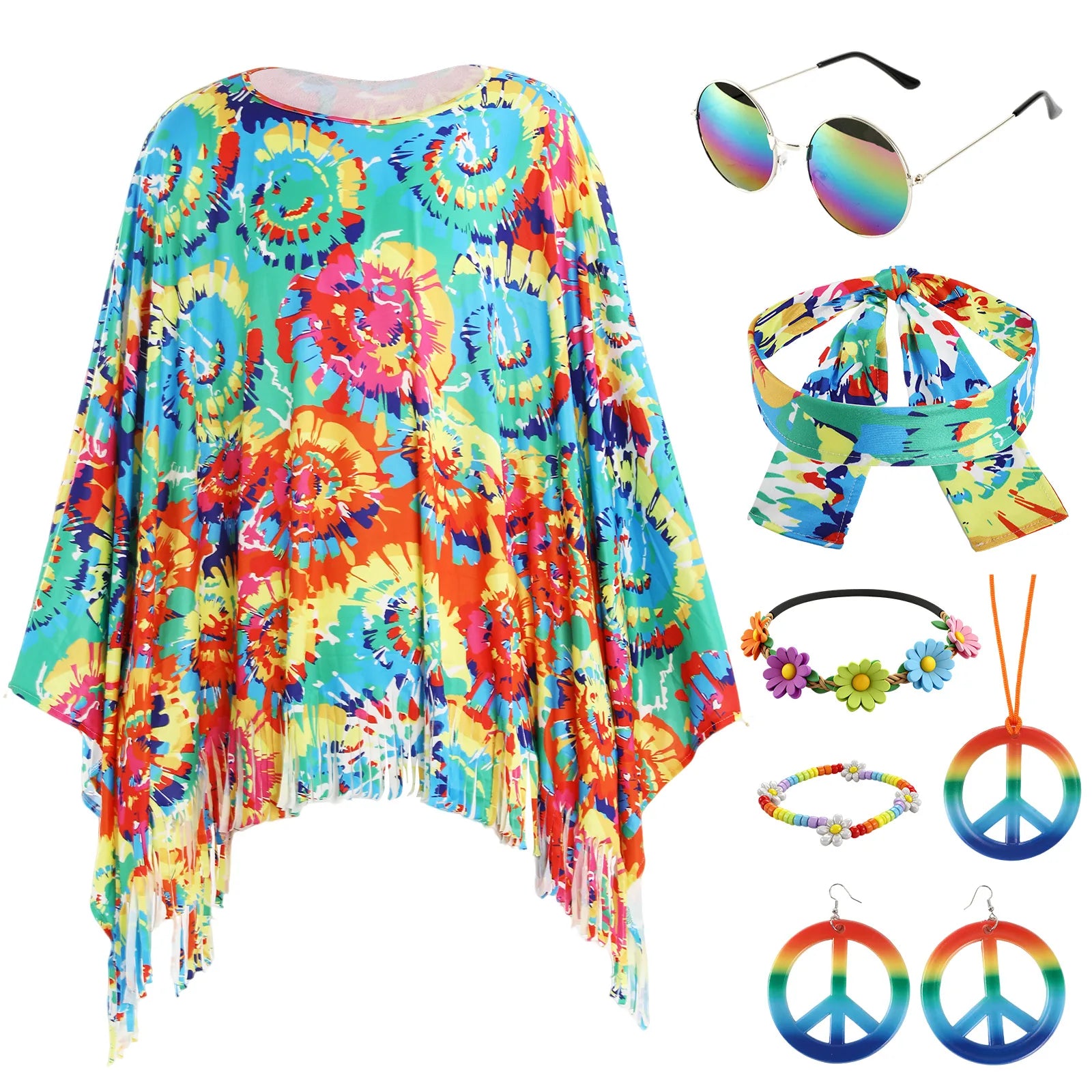 The multicolor fringed poncho is arranged with the flower headband, daisy bracelet, round glasses, printed headband and peace-sign jewelry.
