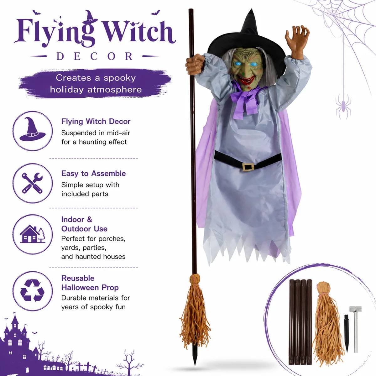 Assembly graphic shows the witch decoration and included broom components.