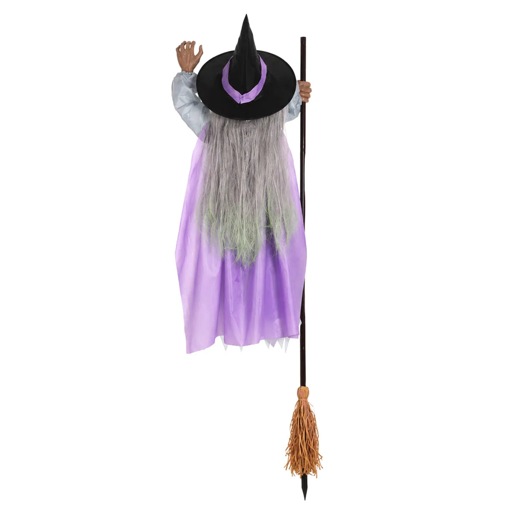 Back view shows the gray hair, pointed hat, purple cape, and broom.