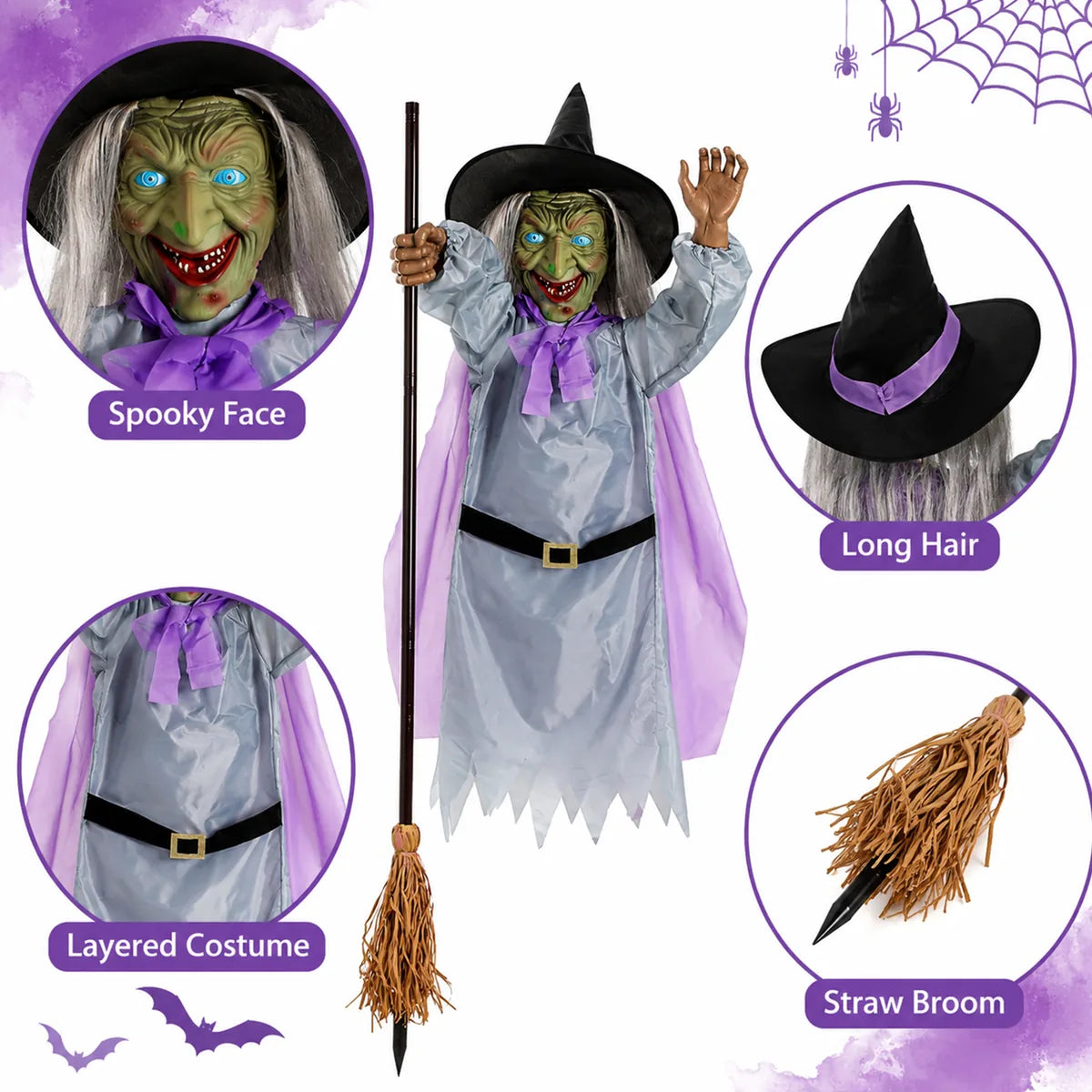 Detail graphic highlights the green face, long hair, pointed hat, layered costume, and straw broom.
