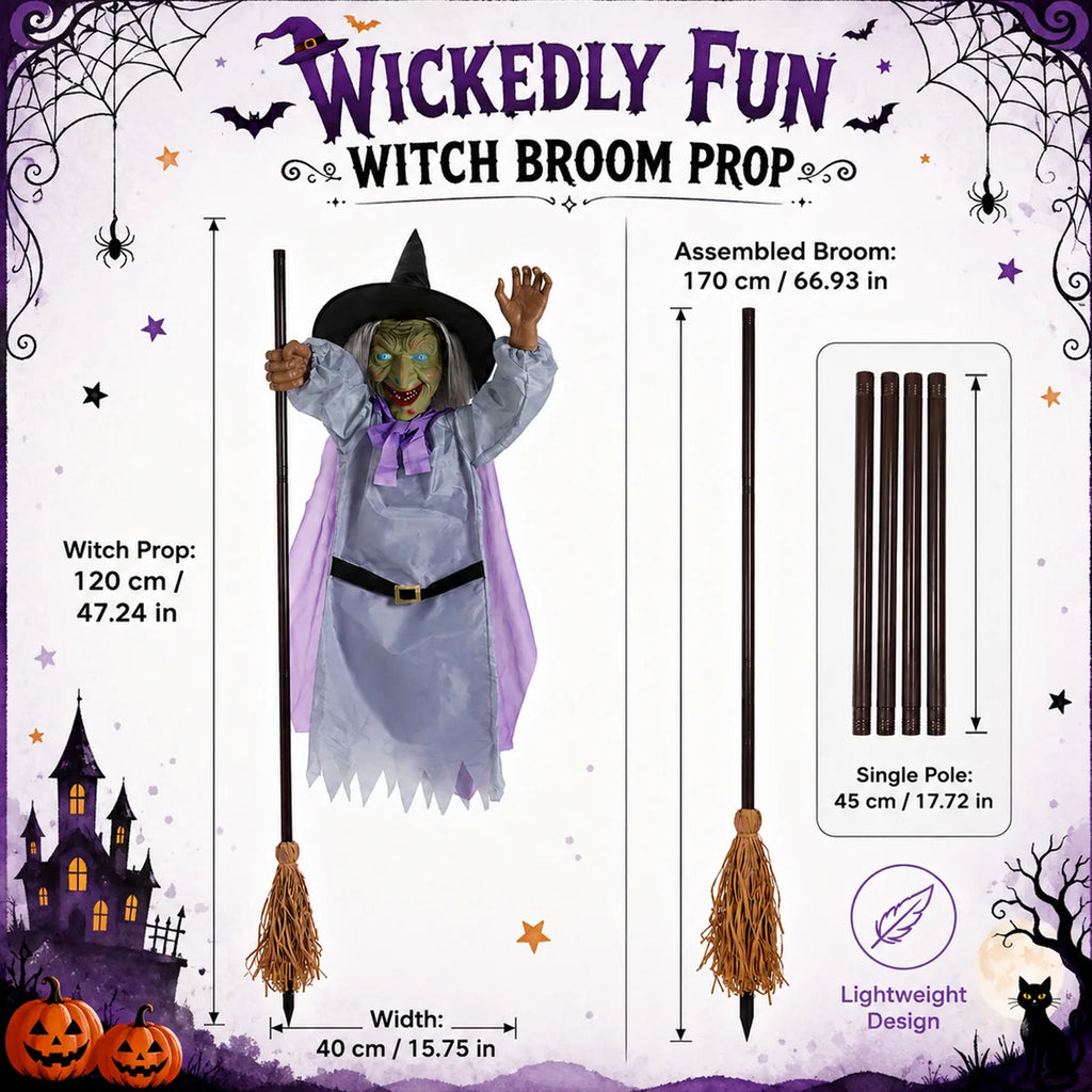 Dimension graphic shows witch width and height, assembled broom length, and pole sections.