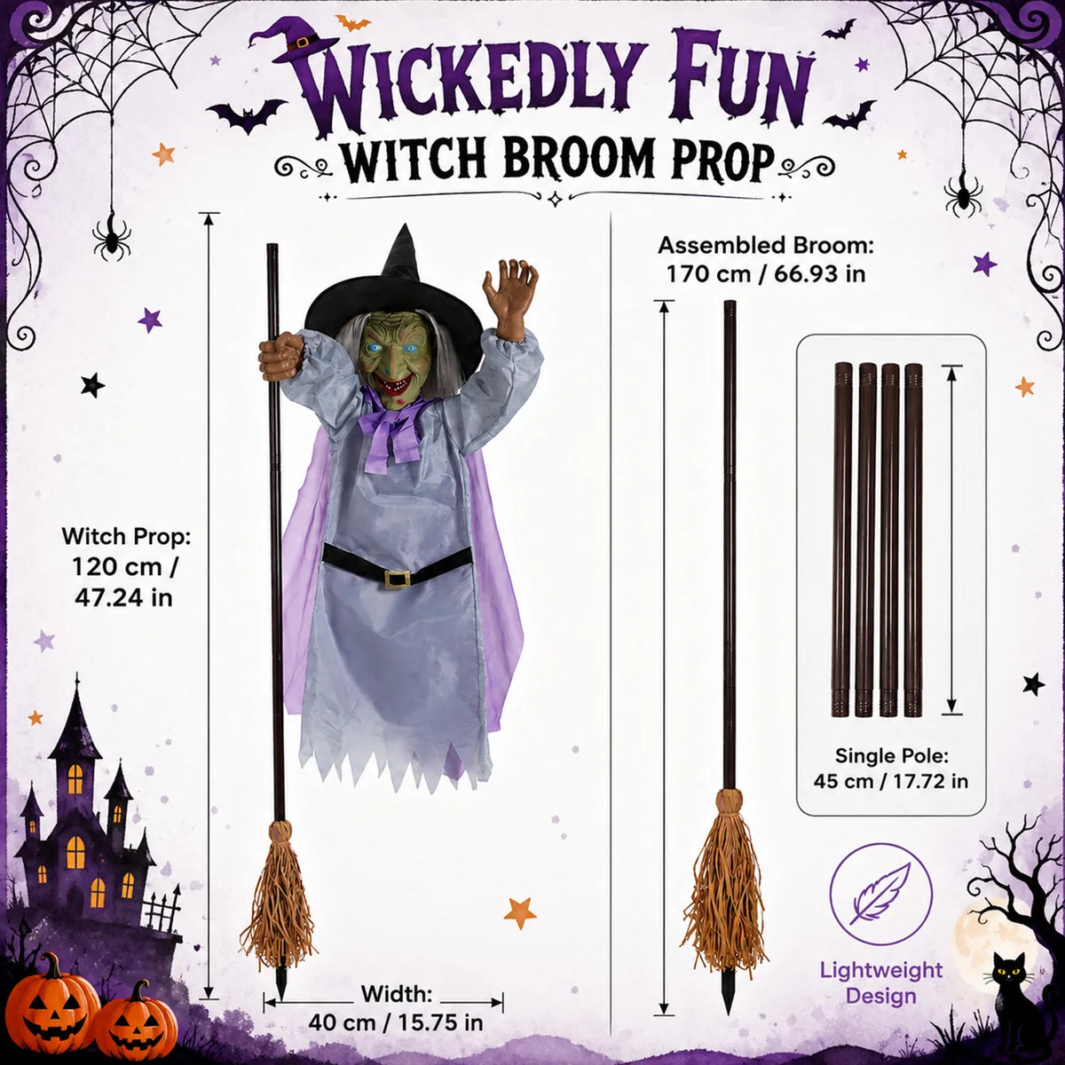 Dimension graphic shows witch width and height, assembled broom length, and pole sections.