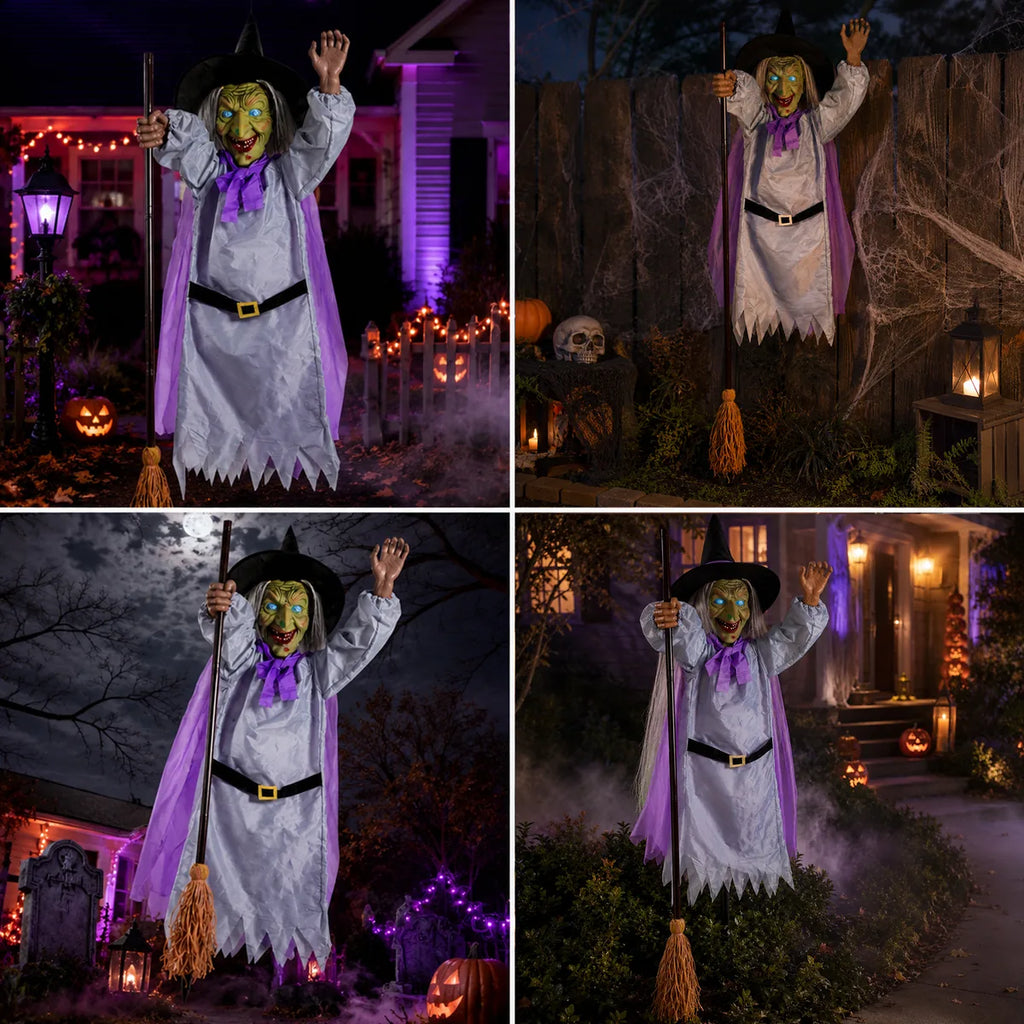 Flying witch broom decoration shown in several outdoor nighttime displays.