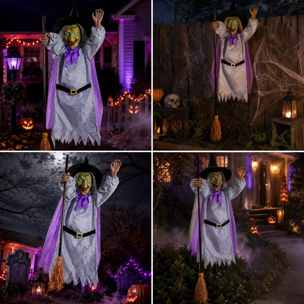 Flying witch broom decoration shown in several outdoor nighttime displays.