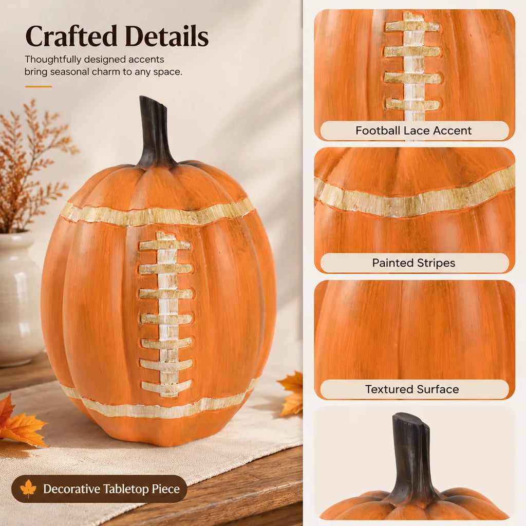Detail graphic of the football pumpkin tabletop decor highlights the painted laces, stripes, textured surface, and stem.