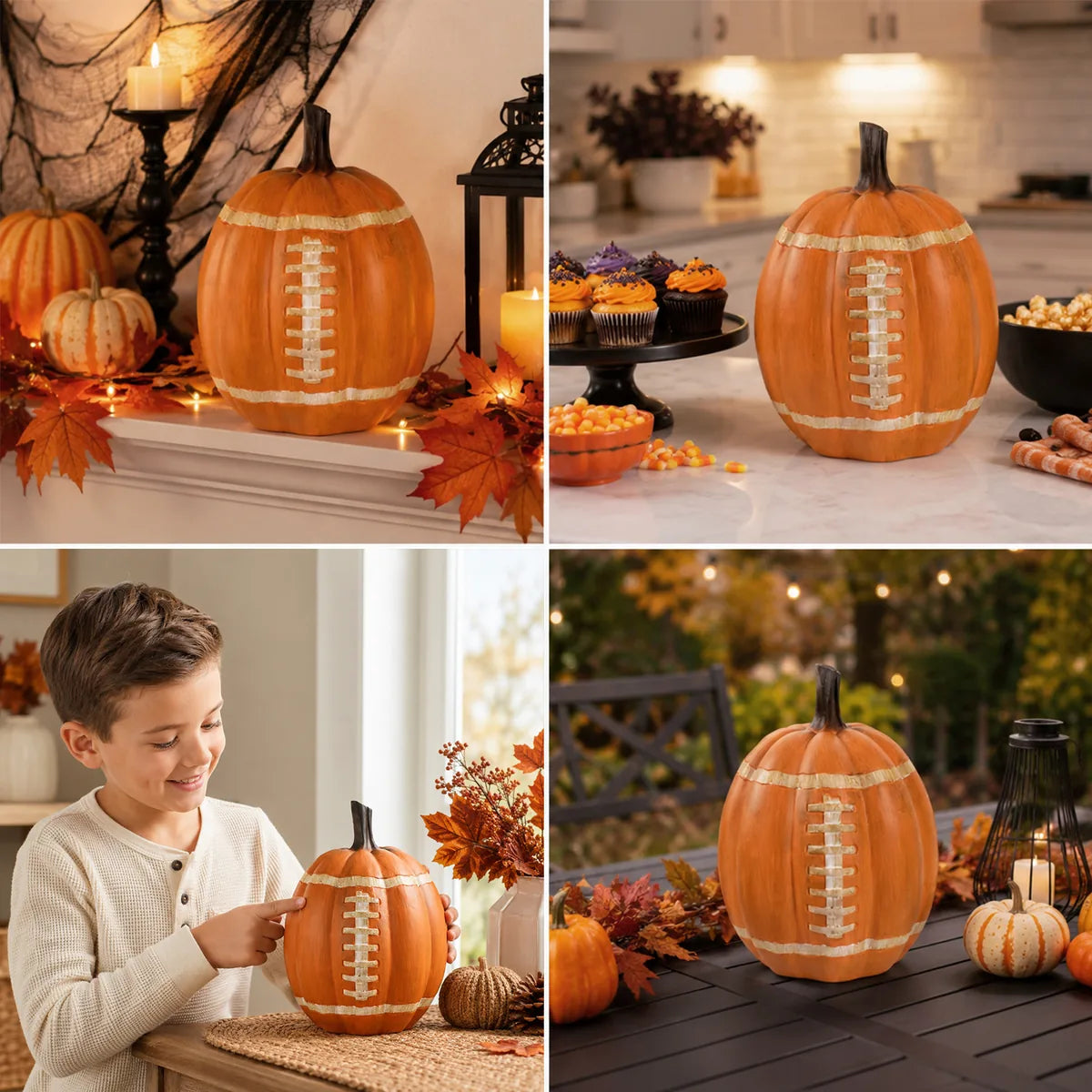 Football pumpkin shown in several indoor and covered outdoor seasonal displays.