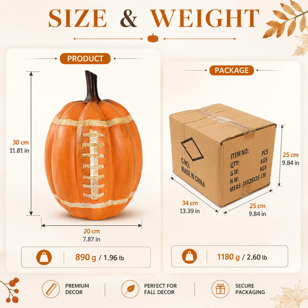 Size graphic shows football pumpkin and package dimensions and weights.