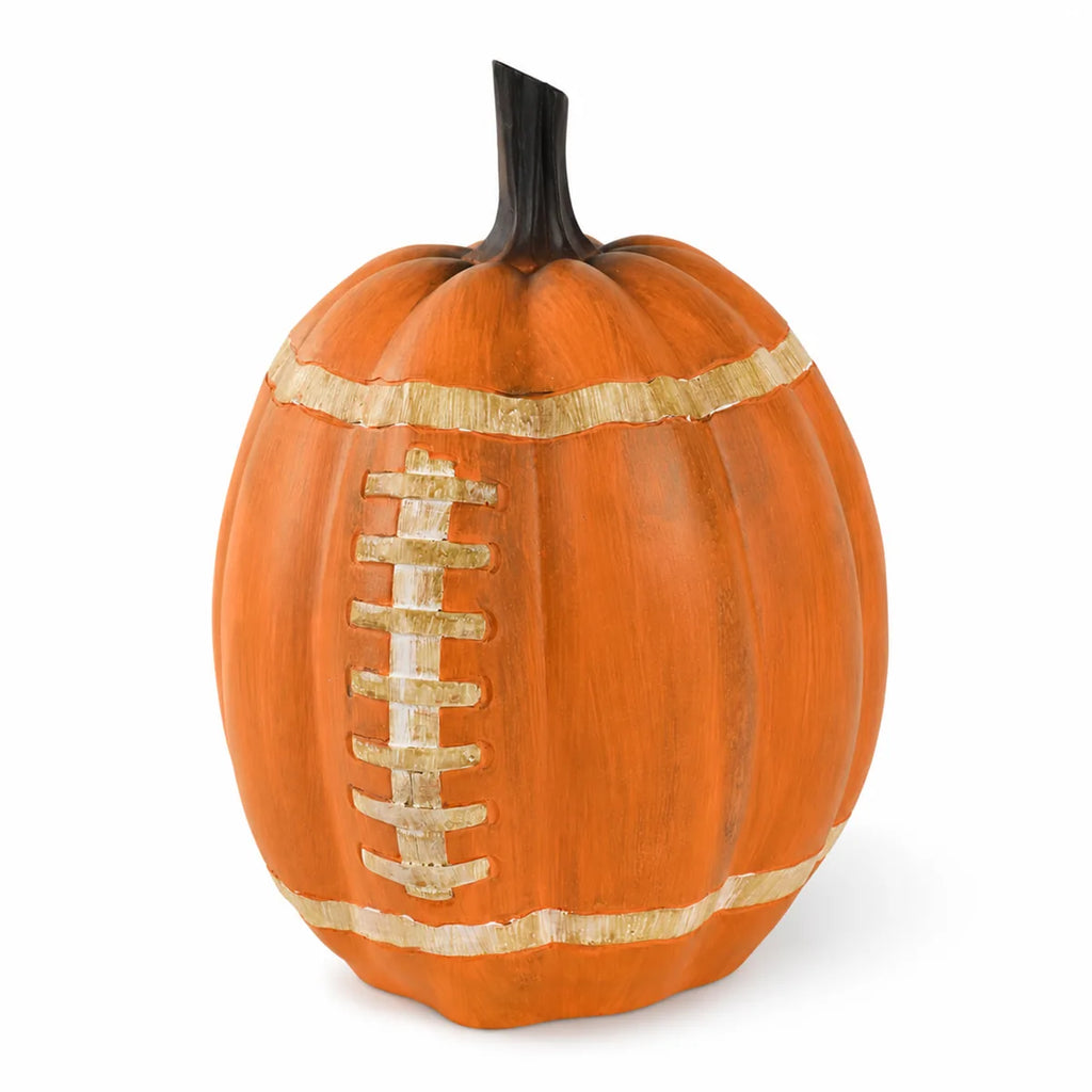Three-quarter view shows the football-lace accent and ribbed pumpkin shape.