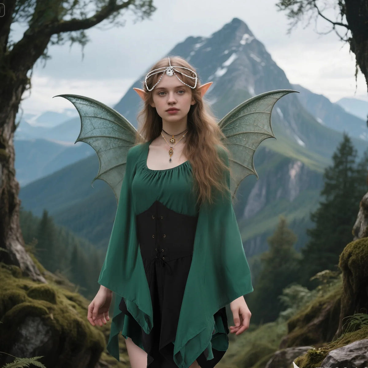 Model wearing a green and black forest elf costume with fantasy wings in a mountain setting