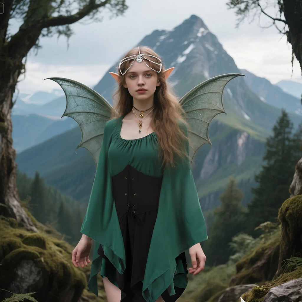 Model wearing a green and black forest elf costume with fantasy wings in a mountain setting.