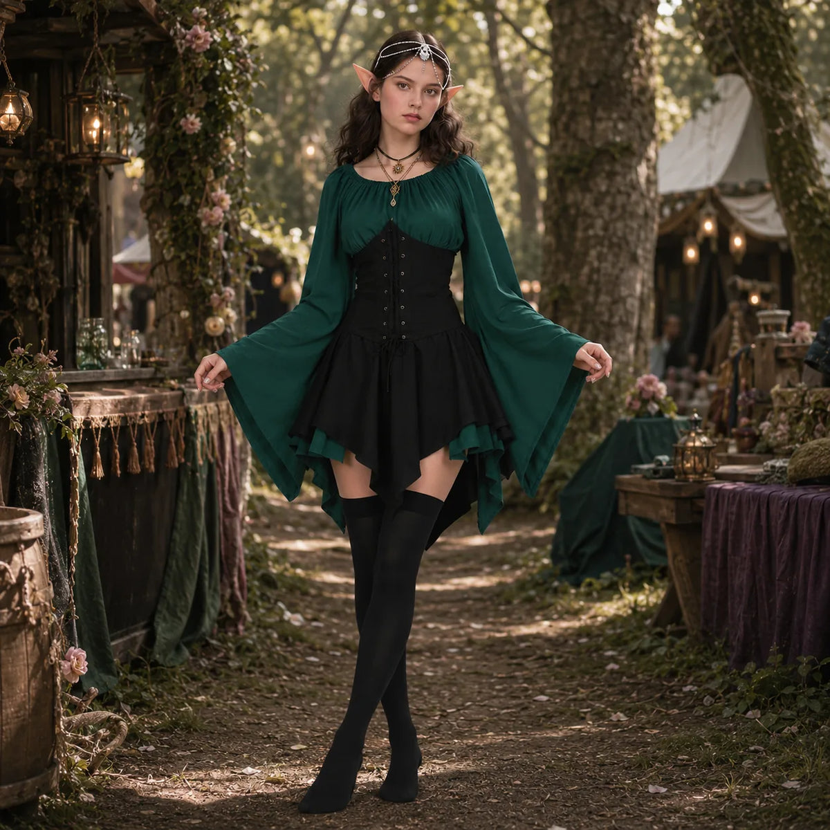 Forest elf costume styled for cosplay and convention events