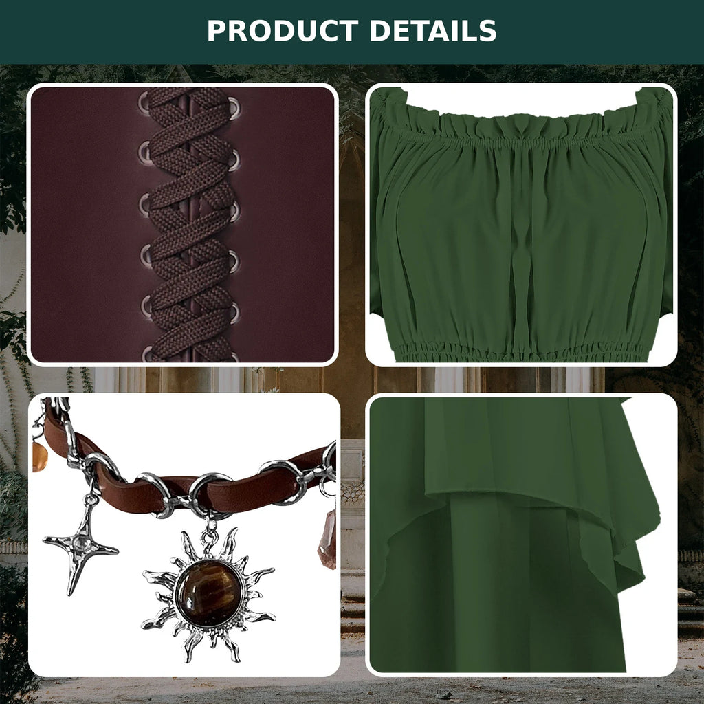 Forest green Renaissance fairy costume details showing lace-up corset belt, neckline, necklace and layered skirt