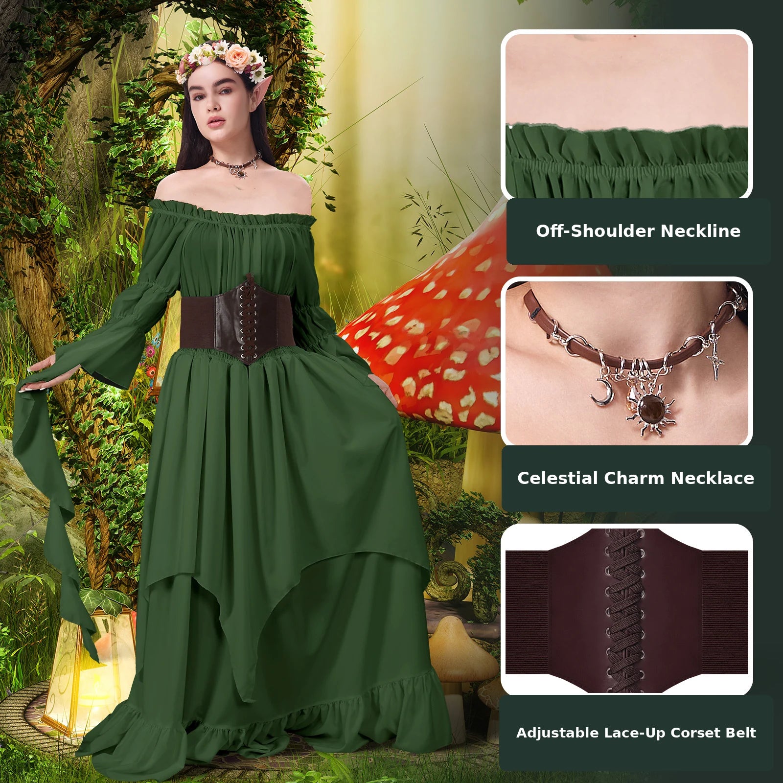 Forest green Renaissance fairy costume with off-shoulder neckline, celestial necklace and adjustable lace-up corset belt