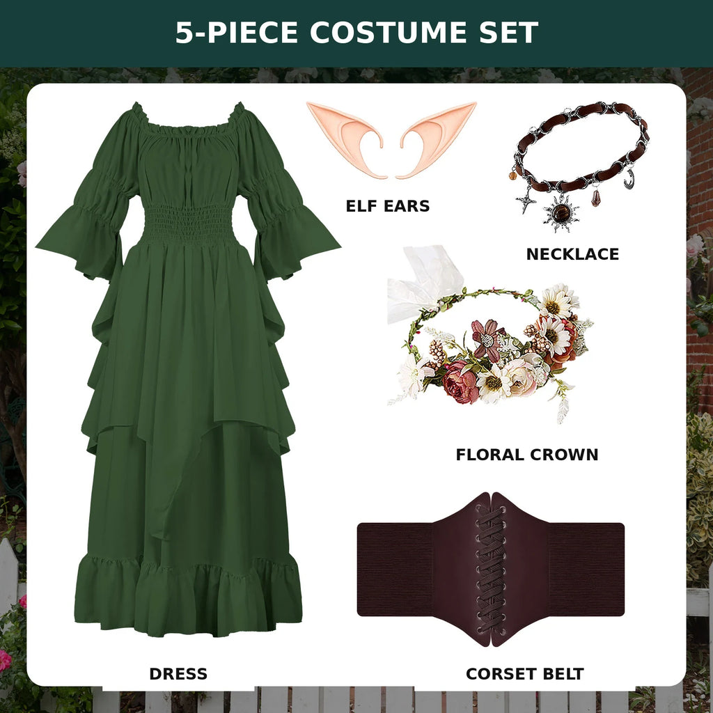 Forest green five-piece Renaissance fairy costume set with dress, corset belt, floral crown, elf ears and necklace