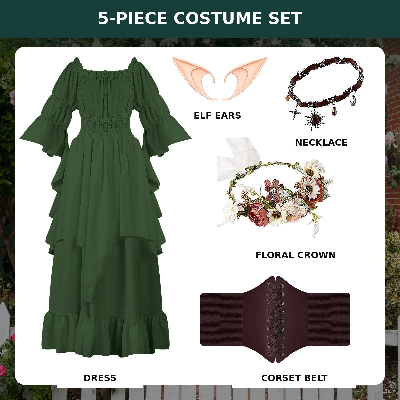Forest green five-piece Renaissance fairy costume set with dress, corset belt, floral crown, elf ears and necklace