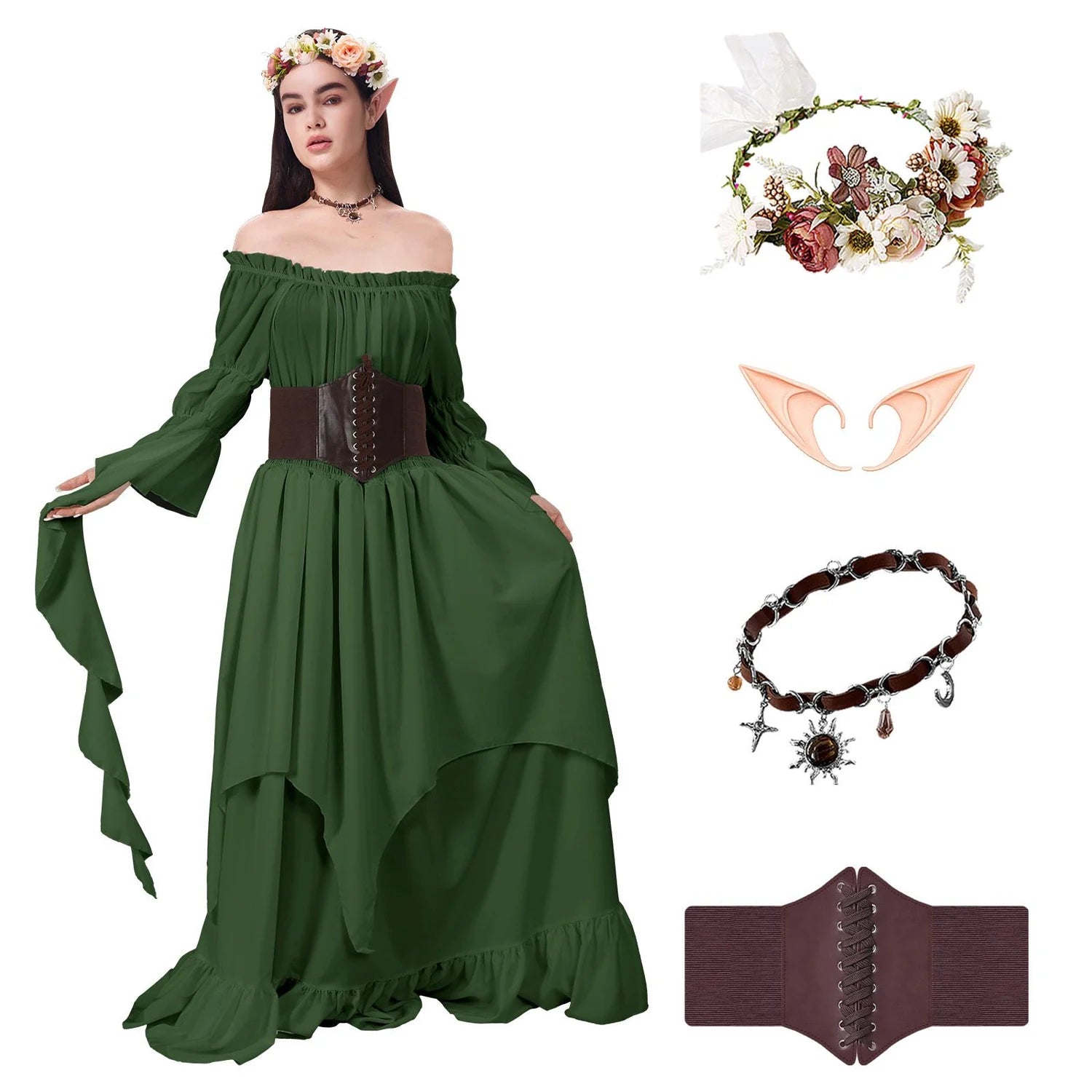 Forest green Renaissance fairy costume set for women with corset belt, floral crown, elf ears and necklace