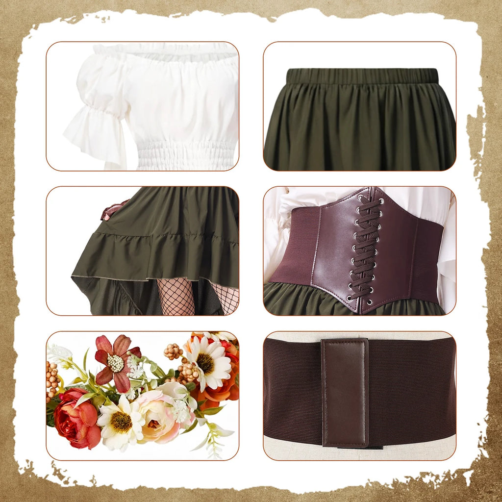 Close-up details of the white blouse, olive green skirt, brown waist cincher, floral crown, and accessories
