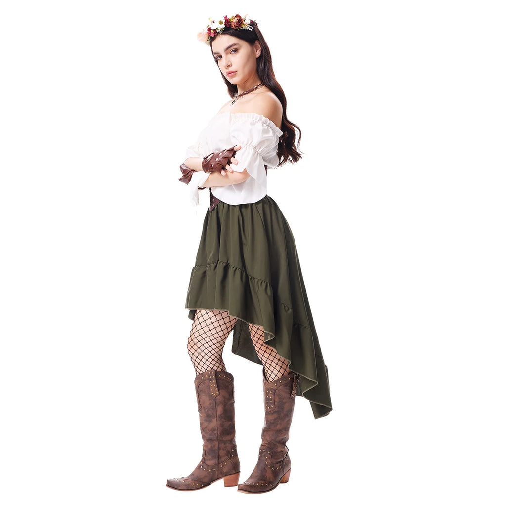 Women's floral crown Renaissance witch outfit shown from an angled view