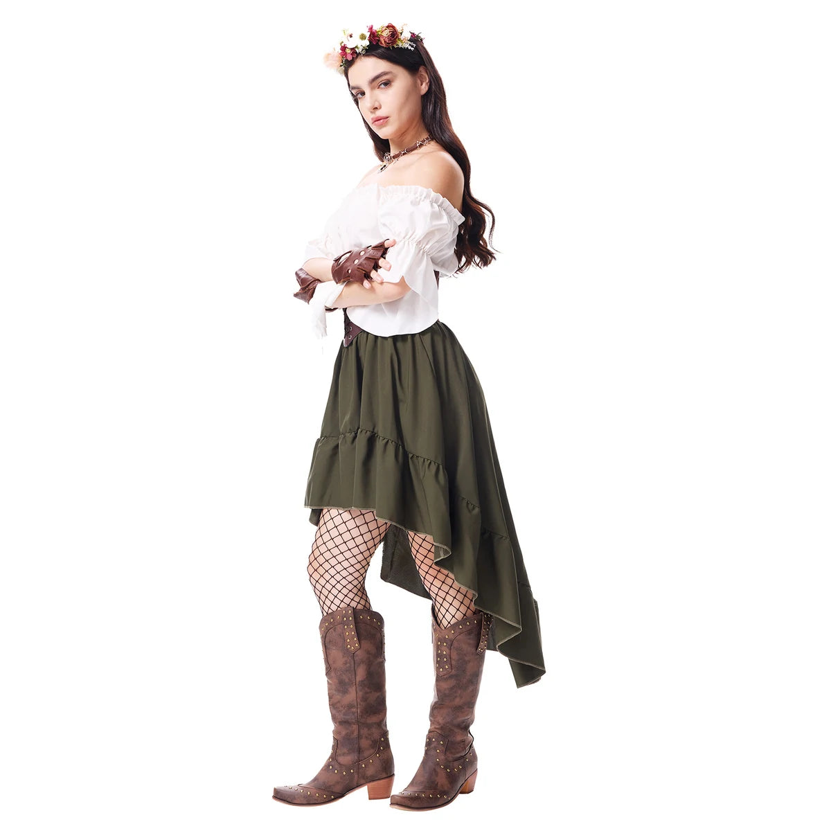 Women's floral crown Renaissance witch outfit shown from an angled view