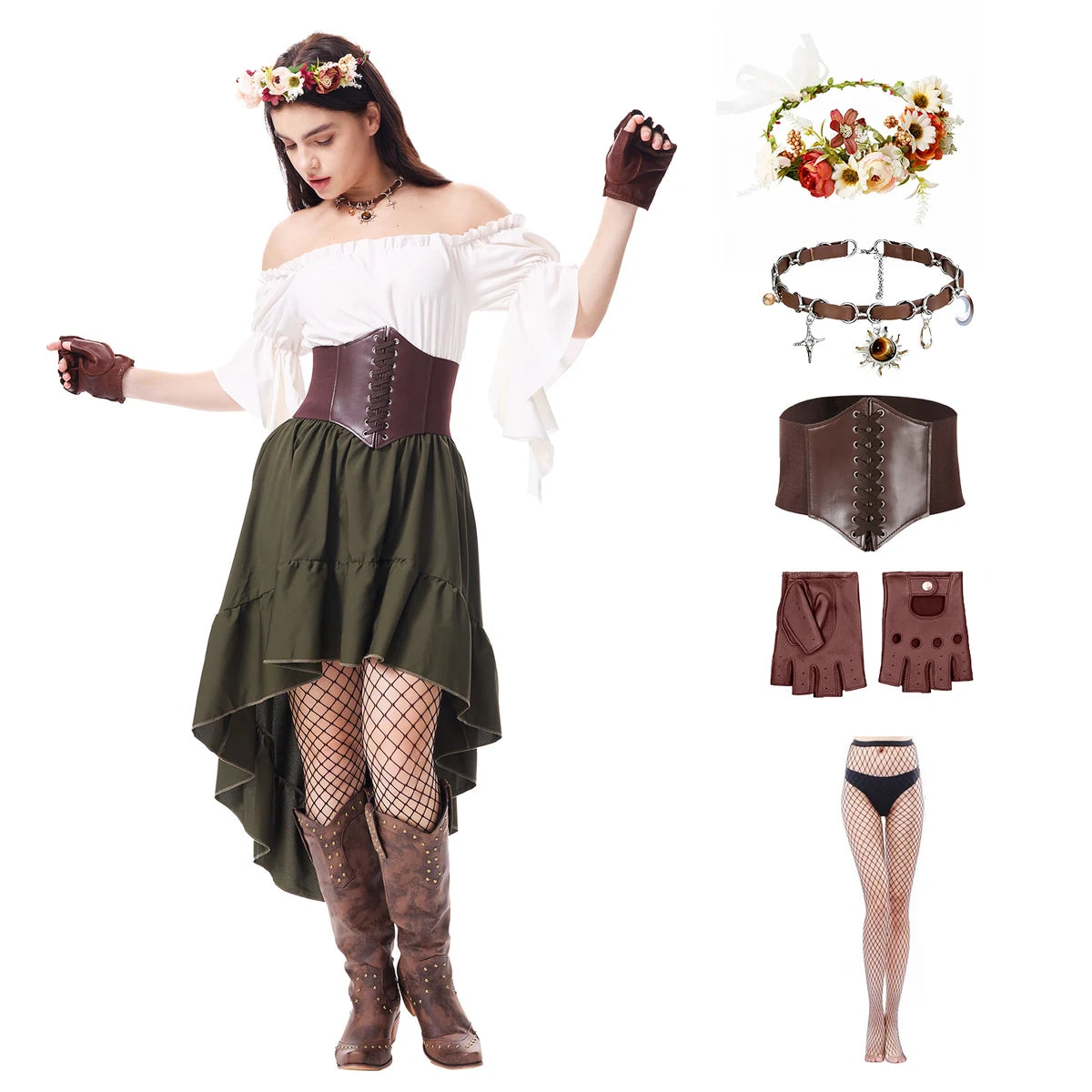 Floral crown forest witch costume set with white blouse, green skirt, waist cincher, gloves, necklace, and fishnet tights